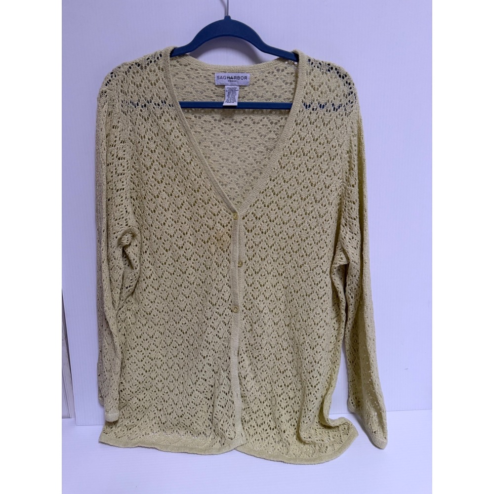 Sag Harbor Woman Pale Yellow Pointelle Open Knit V-Neck Cardigan Sweater 3X